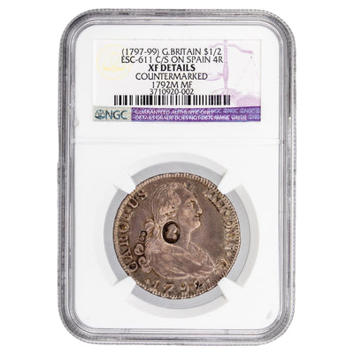 Great Britain (1797-99) $1/2 Half Dollar Counter Stamp ESC-611 on Spain 1792 4 Reales Silver Coin
