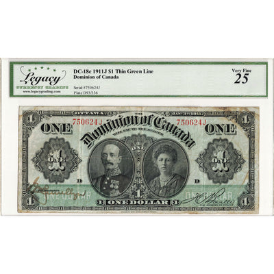 $1 1911 Dominion of Canada Note Green Line Series J DC-18c - Legacy VF-25