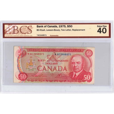 SOLD $50 1975 Bank of Canada Note *HC Replacement Prefix BC-51aA - BCS EF-40