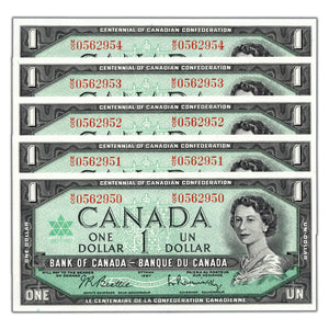 SOLD $1 1967 Bank of Canada Notes M/O Prefix BC-45b - 5 Consecutive Choice Uncirculated
