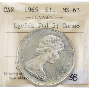 SOLD Canada 1965 Large Beads Pointed 5 $1 Silver Dollar Coin - ICCS MS-63 Cameo
