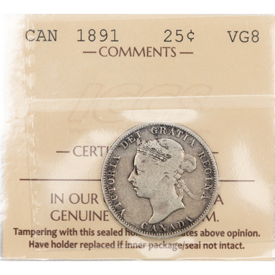 SOLD Canada 1891 25 Cents Quarter Silver Coin - ICCS VG-8