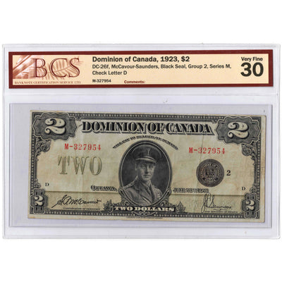 SOLD $2 1923 Dominion of Canada Note Black Seal Series M DC-26f - BCS VF-30