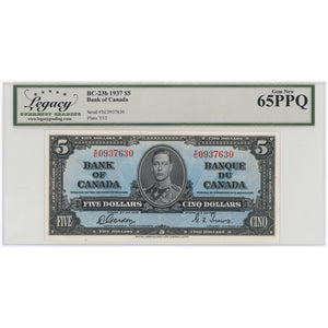 SOLD $5 1937 Bank of Canada Note X/C Changeover Prefix BC-23b - Legacy UNC-65 PPQ