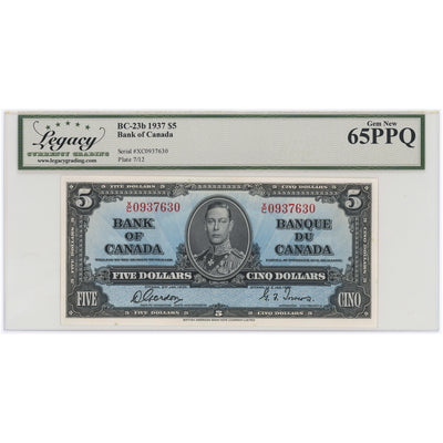 SOLD $5 1937 Bank of Canada Note X/C Changeover Prefix BC-23b - Legacy UNC-65 PPQ
