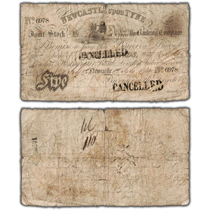 SOLD Great Britain 1840 Newcastle upon Tyne 5 Pounds Cancelled Note - Tear