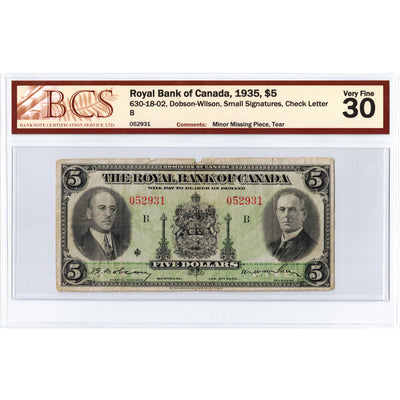 $5 1935 Royal Bank of Canada Chartered Note #630-18-02 - BCS VF-30