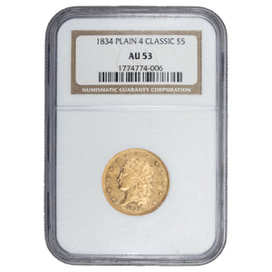 SOLD United States 1834 Plain 4 $5 Classic Head Half Eagle Gold Coin - NGC AU-53
