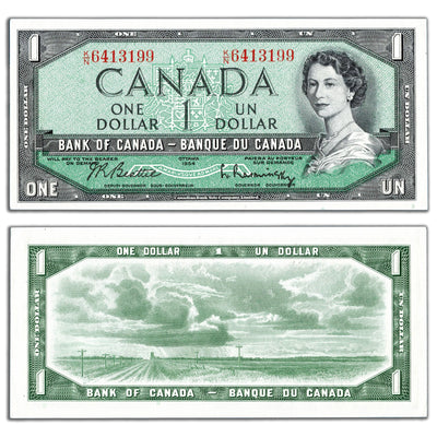 SOLD $1 1954 Bank of Canada Note Beattie-Rasminsky K/N Prefix BC-37b - Light Handling