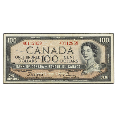 SOLD $100 1954 Bank of Canada Note Devil Face A/J Prefix BC-35a - Pen