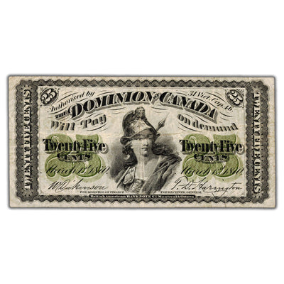 25 Cents 1870 Dominion of Canada Shinplaster Note Plain DC-1c - Abt. VF (small tear)