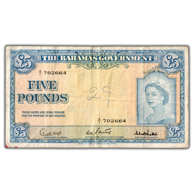 SOLD Bahamas 1936 (1961) 5 Five Pounds Note P #16c - Writing