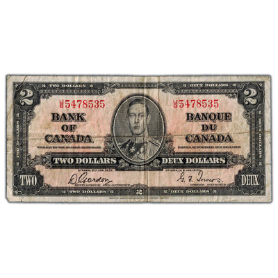 $2 1937 Bank of Canada Gordon-Towers U/B Prefix BC-22b - Small Edge Tears