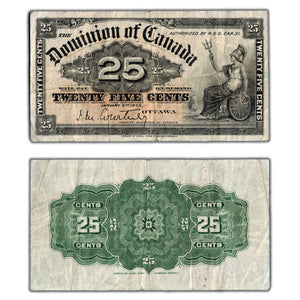 SOLD 25 Cents 1900 Dominion of Canada Note Shinplaster Courtney DC-15a - Fine+