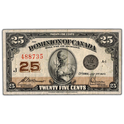 25 Cents 1923 Dominion of Canada Shinplaster Note DC-24c - VF (minor pinholes)
