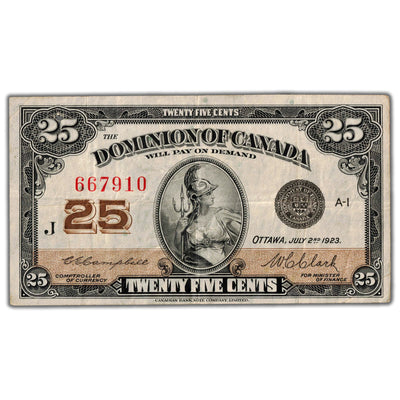 25 Cents 1923 Dominion of Canada Shinplaster Note DC-24d - VF (hole)