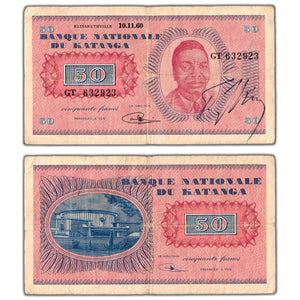 SOLD Katanga 1960 50 Fifty Francs Note P #7a - F/VF