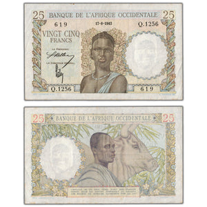 French West Africa 1943 25 Francs Note P #38 - VF/EF