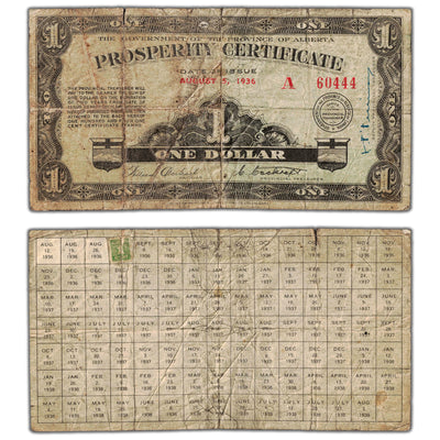 $1 1936 Alberta Prosperity Certificate Note A-1 - Tear