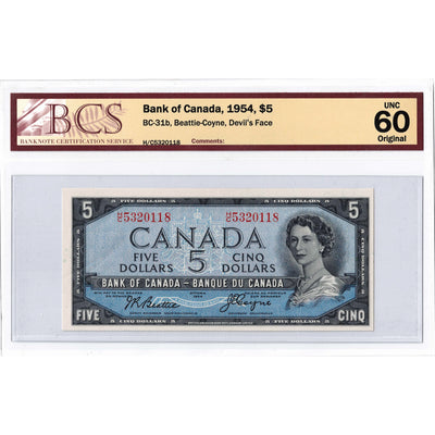 SOLD $5 1954 Bank of Canada Note Devil Face H/C Prefix BC-31b - BCS UNC-60