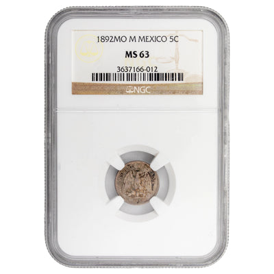 Mexico 1892 MO M 5 Centavos Silver Coin - NGC MS-63