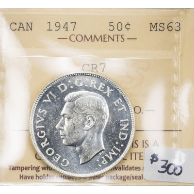 SOLD Canada 1947 Curved 7 50 Cents Half Dollar Silver Coin - ICCS MS-63