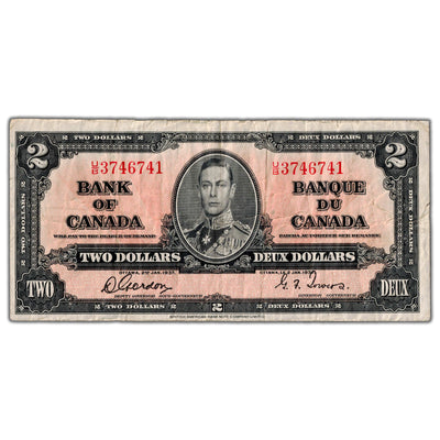 $2 1937 Bank of Canada Note Gordon-Towers U/B Prefix BC-22b - F/VF