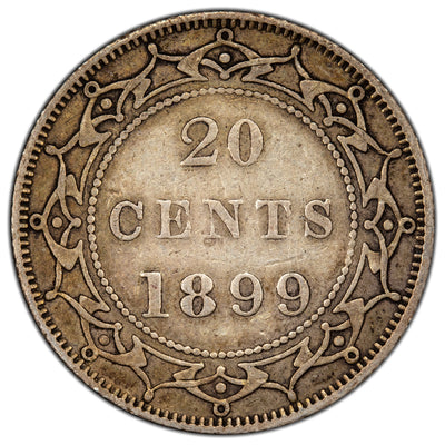 Newfoundland 1899 Large 99 20 Cents Silver Coin - Very Fine