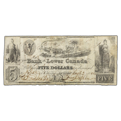 SOLD $5 1842 Bank of Lower Canada Quebec Note #410-10-10