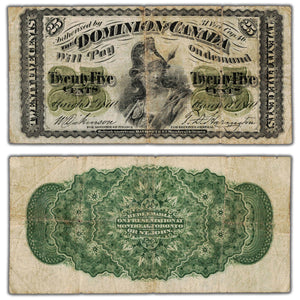 25 Cents 1870 Dominion of Canada Shinplaster Note Plain DC-1c - F/VF (minor holes)