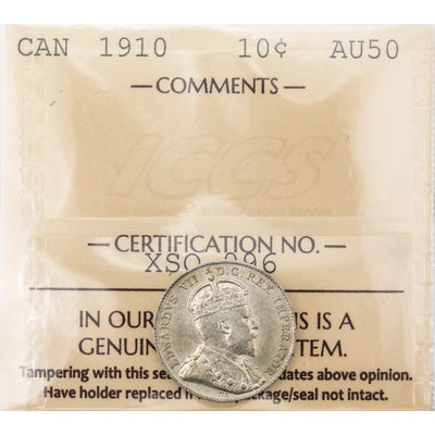 Canada 1910 10 Cents Dime Silver Coin - ICCS AU-50