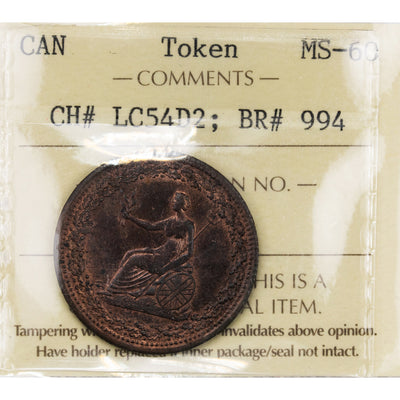 Lower Canada 1/2 Half Penny Token LC-54D2 Br #994- ICCS MS-60