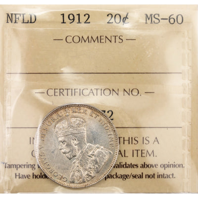 Newfoundland 1912 20 Cents Quarter Silver Coin - ICCS MS-60