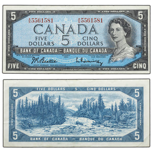 SOLD $5 1954 Bank of Canada Note Beattie-Rasminsky A/S Prefix BC-39b - Crisp VF+