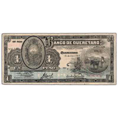 Mexico Banco de Queretaro 1914 1 One Peso Note P #S397 - Circulated (tear)