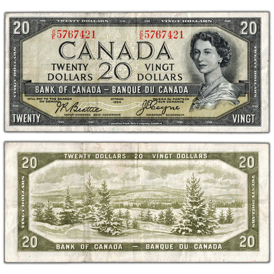 $20 1954 Bank of Canada Note Devil Face C/E Prefix BC-33b - VF