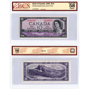 SOLD $10 1954 Bank of Canada Note Devil Face G/D Prefix BC-32b - BCS AU-58