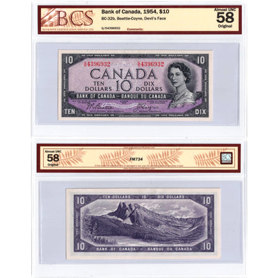 SOLD $10 1954 Bank of Canada Note Devil Face G/D Prefix BC-32b - BCS AU-58
