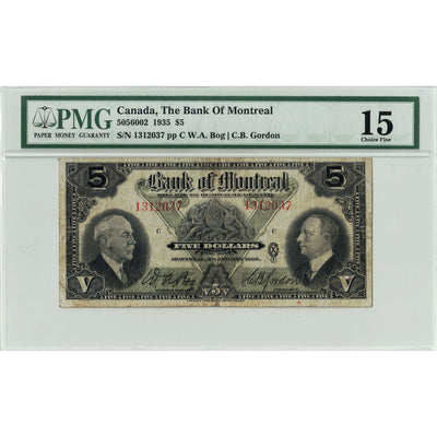 SOLD $5 1935 Bank of Montreal Canada Chartered Note #505-60-02 - PMG F-15