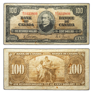 SOLD $100 1937 Bank of Canada Note Gordon-Towers B/J Prefix BC-27b - Rust Spots