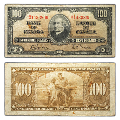 SOLD $100 1937 Bank of Canada Note Gordon-Towers B/J Prefix BC-27b - Rust Spots