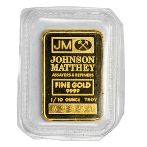 SOLD Johnson Matthey 1/10oz .9999 Gold Bar - Sealed Scarcer Weight