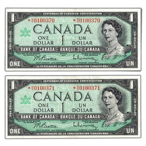 SOLD $1 1967 Bank of Canada Notes *N/O Replacement Prefix BC-45bA - 2 Consec VF+