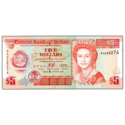 Belize 1996 $5 Five Dollars Note P #58 - Choice UNC