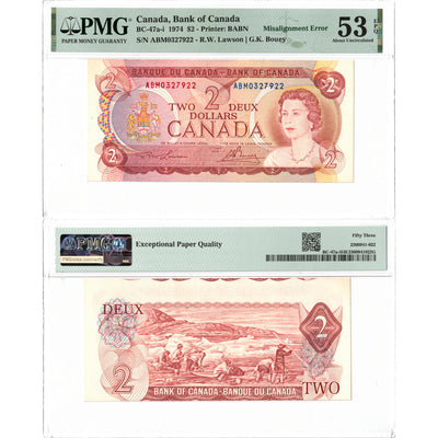 $2 1974 Bank of Canada Note ABM Prefix BC-47a-i - PMG AU-53 Misalignment Error