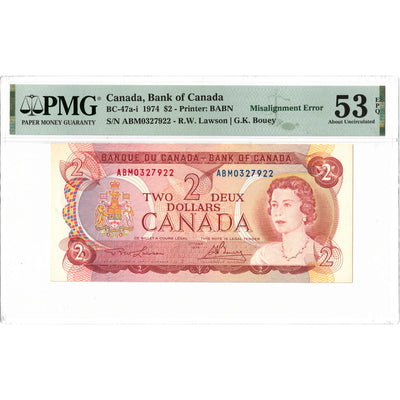 $2 1974 Bank of Canada Note ABM Prefix BC-47a-i - PMG AU-53 Misalignment Error