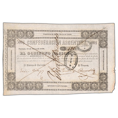 SOLD Argentina Confederacion 1859 500 Pesos Note - Choice AU