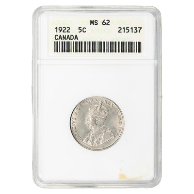 Canada 1922 5 Cents Nickel Coin - ANACS MS-62