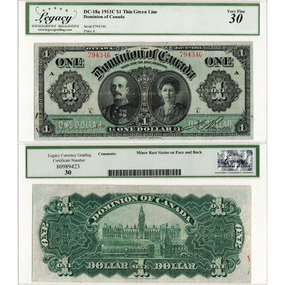 $1 1911 Dominion of Canada Note Green Line Series C DC-18a - Legacy VF-30