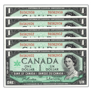 SOLD $1 1967 Bank of Canada Notes M/O Prefix BC-45b - 5 Consecutive Choice Uncirculated